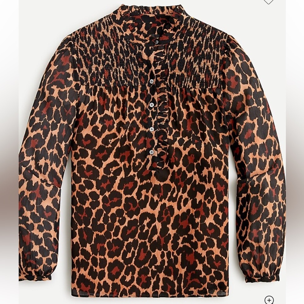 J.Crew Smocked popover top in leopard crinkle chiffon